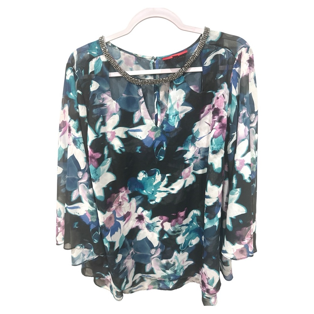 JENNIFER LOPEZ BLACK FLORAL CHIFFON TOP, SZ 1X